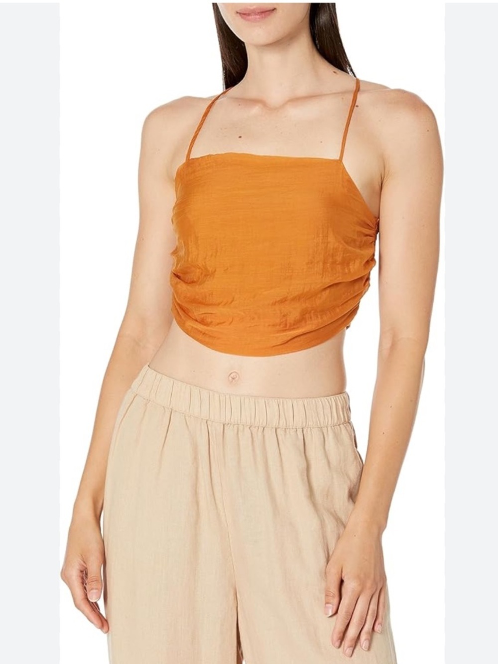 Moon River womens Sleeveless Ruched Smocked Crop Top linen blend size medium